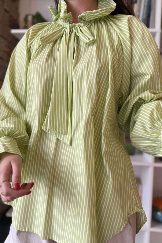 Zeta Otto Pinstripe Pussy Bow Blouse Lime